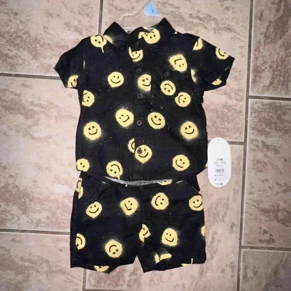 Boy,Wonder Nation,Smiley Face, Short Sleeve Shirt & Shorts Set 3-6M Black Yellow